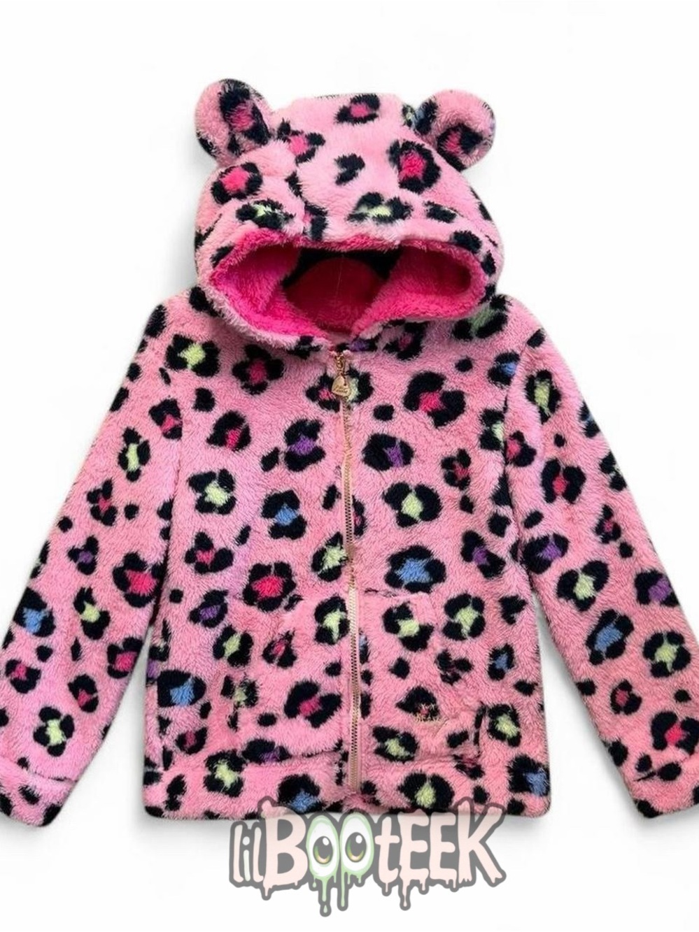 Betsey Johnson Pink Fuzzy Leopard Zip Hoodie with Gold Charm